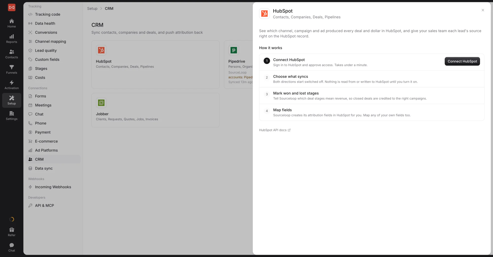SourceLoop HubSpot drawer explaining the four setup steps with the Connect HubSpot button