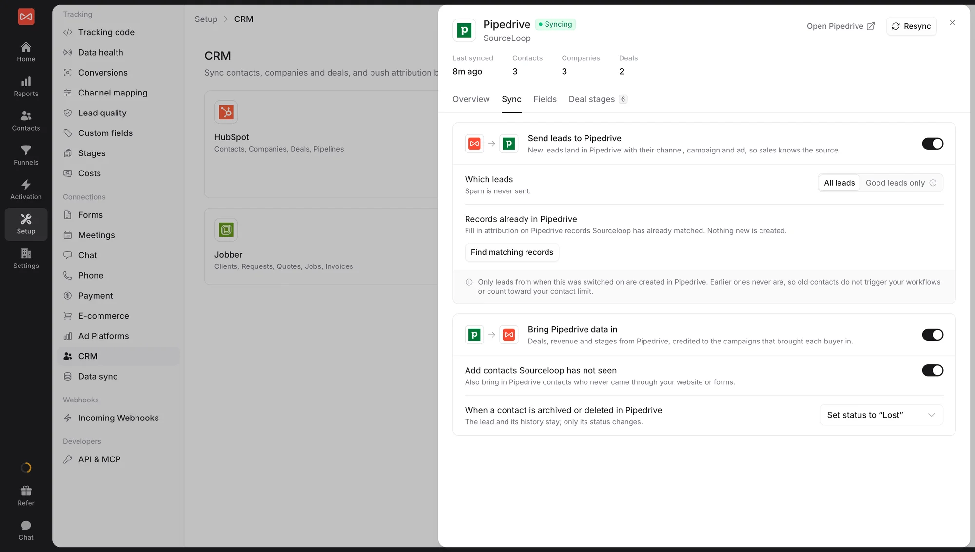 SourceLoop CRM drawer on the Sync tab, with a card for sending leads to the CRM, including which leads to send and a Find matching records button, and a card for bringing CRM data in