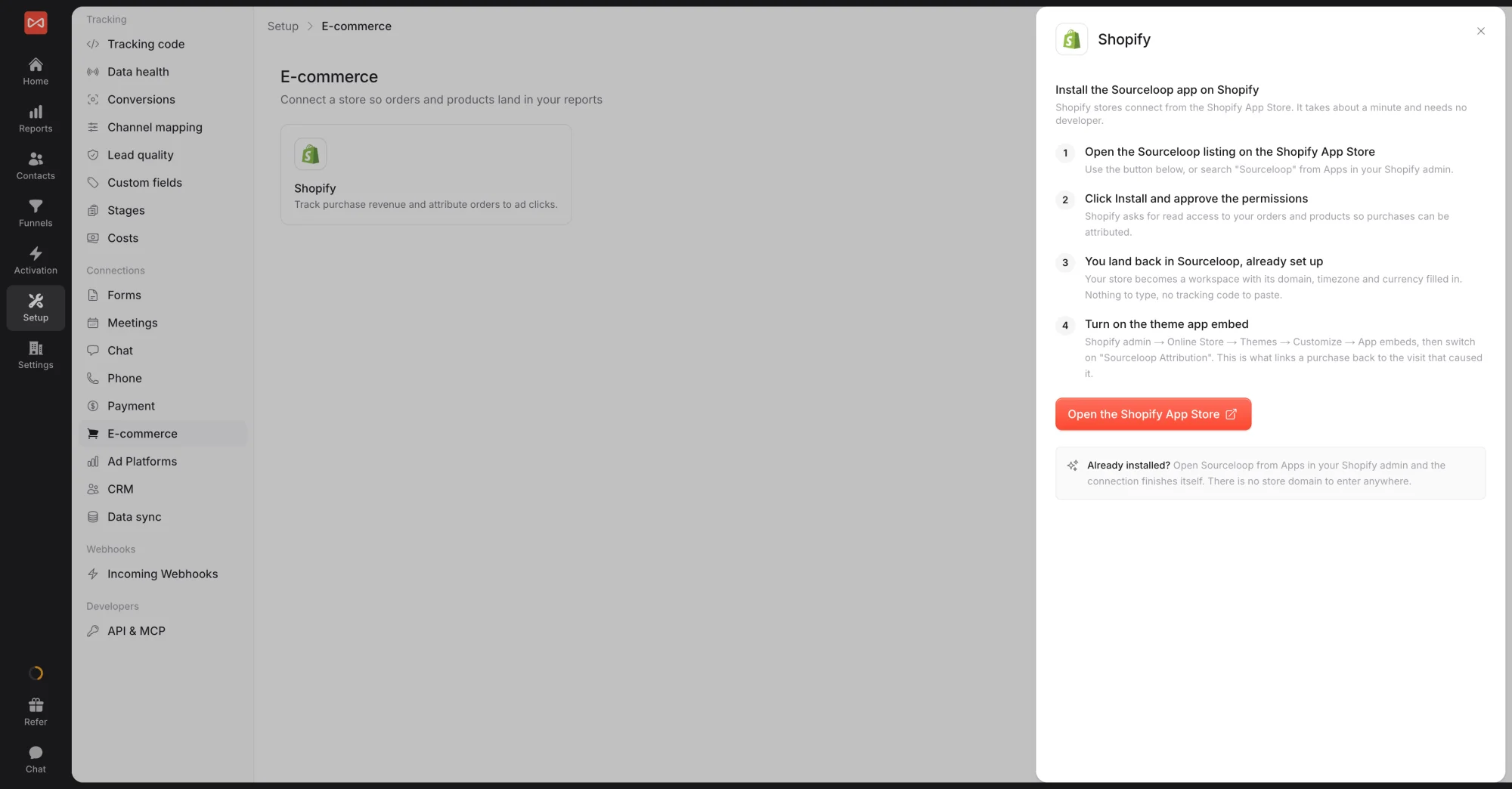 SourceLoop Setup E-commerce page with the Shopify drawer open, listing the four install steps and the Open the Shopify App Store button