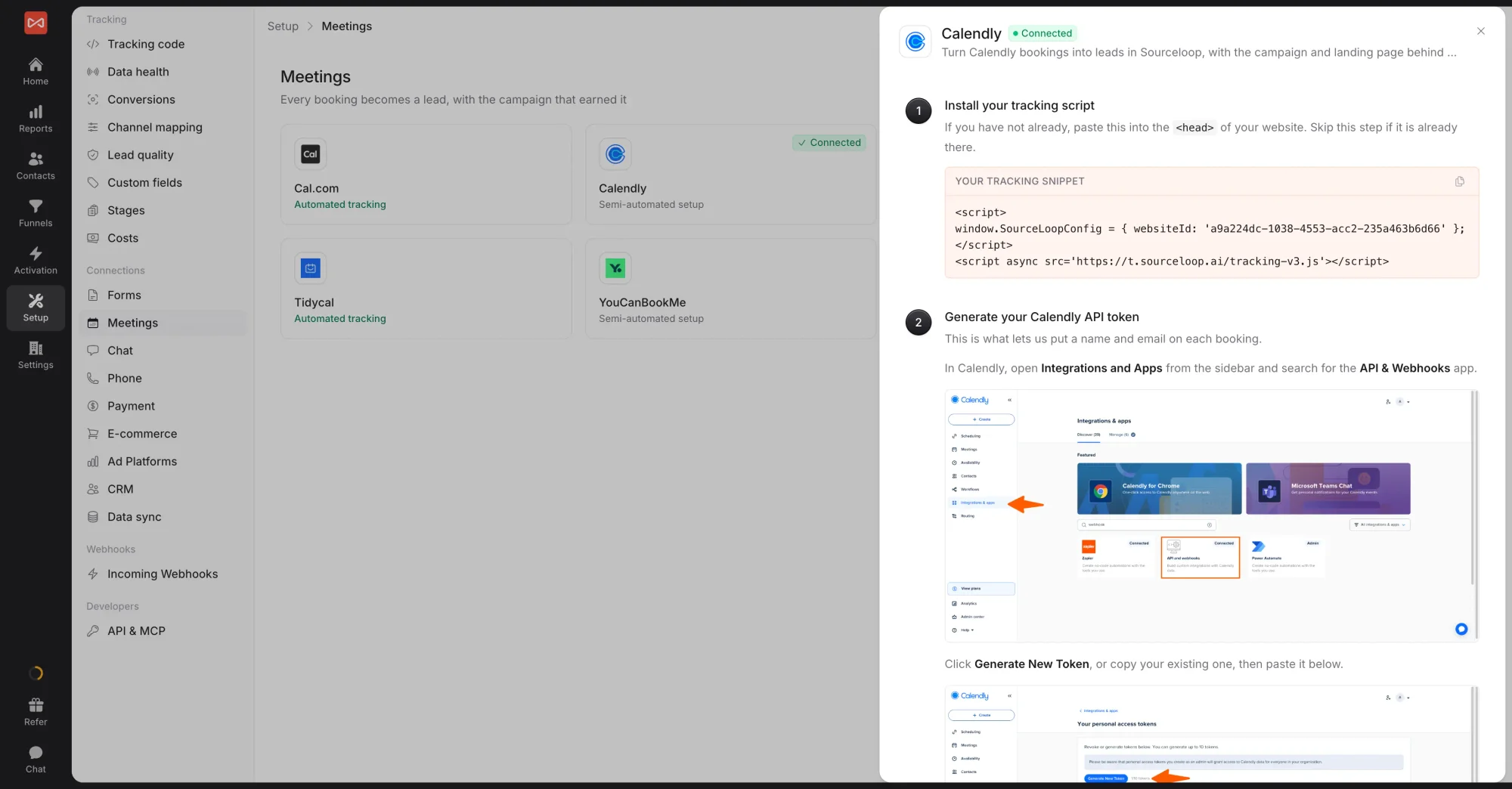 SourceLoop Calendly drawer with the tracking snippet and the step to generate a Calendly API token