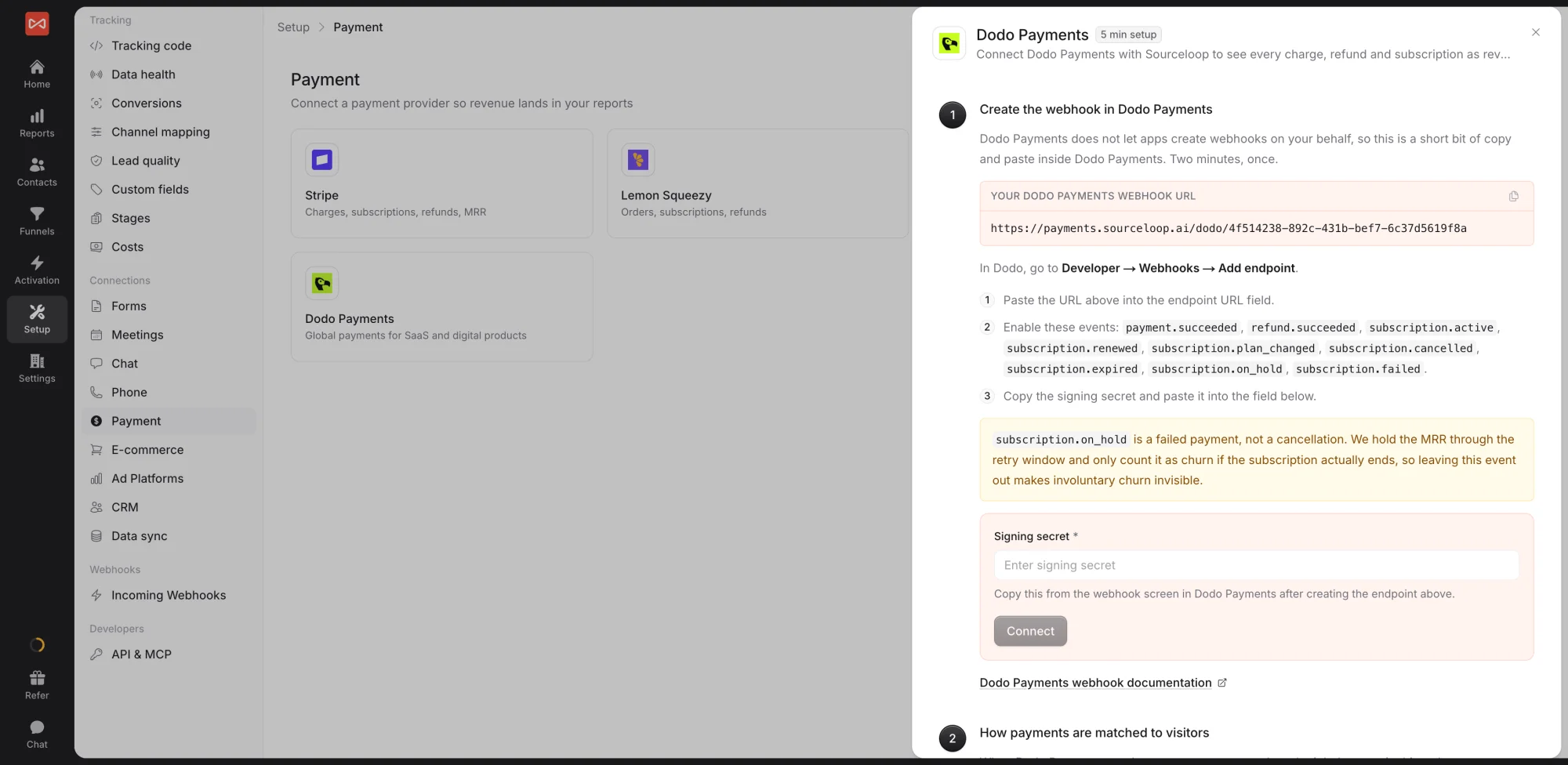SourceLoop Dodo Payments drawer with the webhook URL to copy, the Dodo events to enable, and the signing secret field