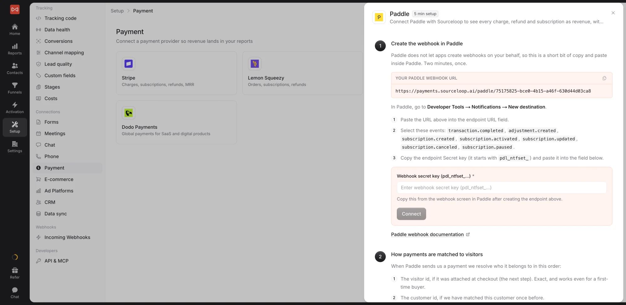 SourceLoop Paddle drawer with the webhook URL to copy, the Paddle events to select, and the webhook secret key field