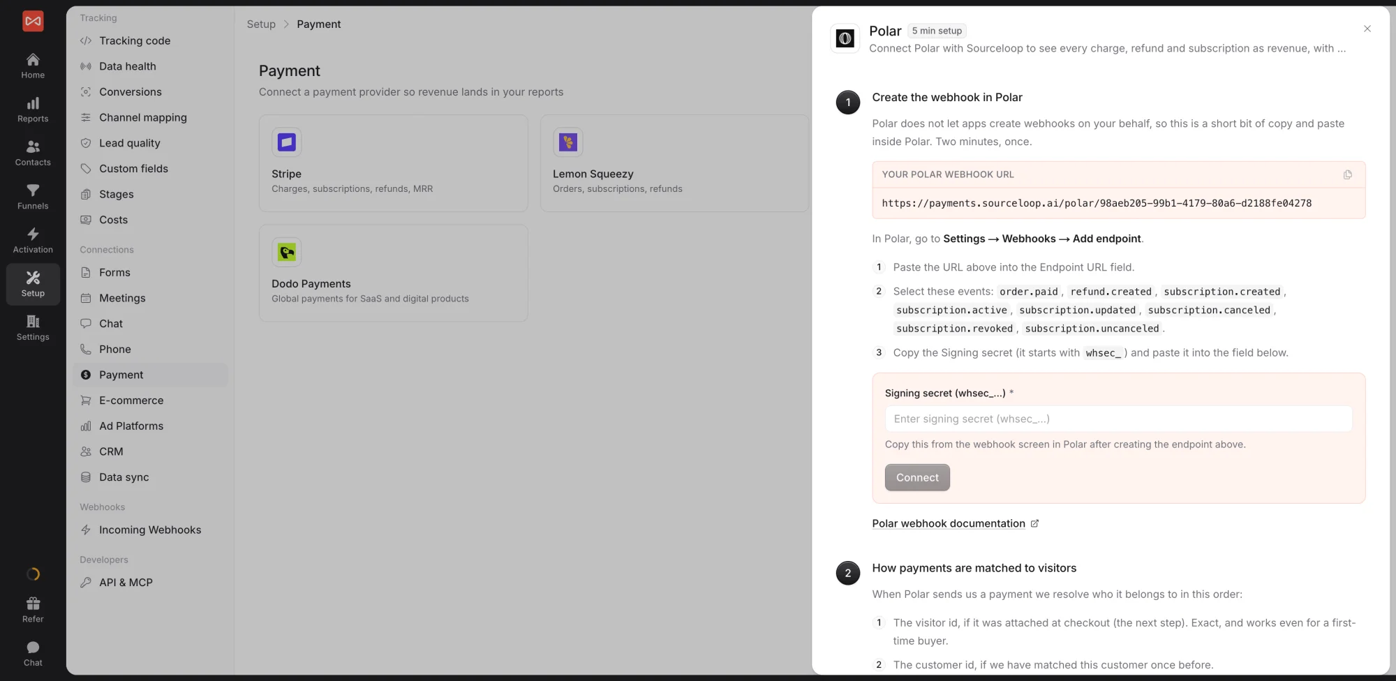 SourceLoop Polar drawer with the webhook URL to copy, the Polar events to select, and the signing secret field