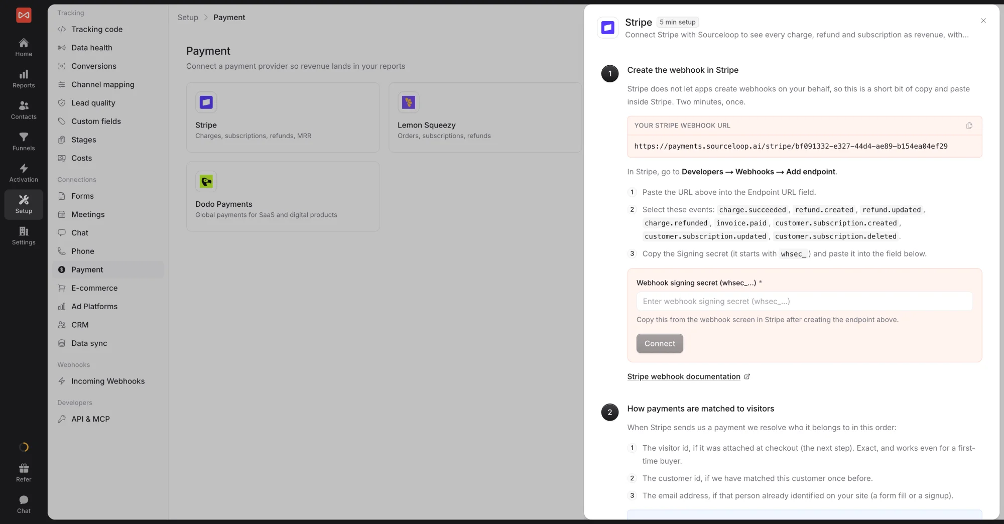 SourceLoop Stripe drawer with the webhook URL to copy, the Stripe events to select, and the signing secret field