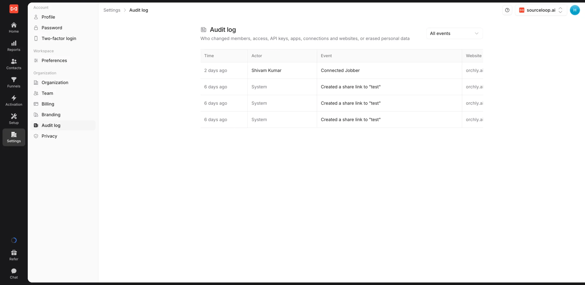 SourceLoop Settings Audit log listing the time, actor, event, and website for changes such as connecting Jobber and creating a share link