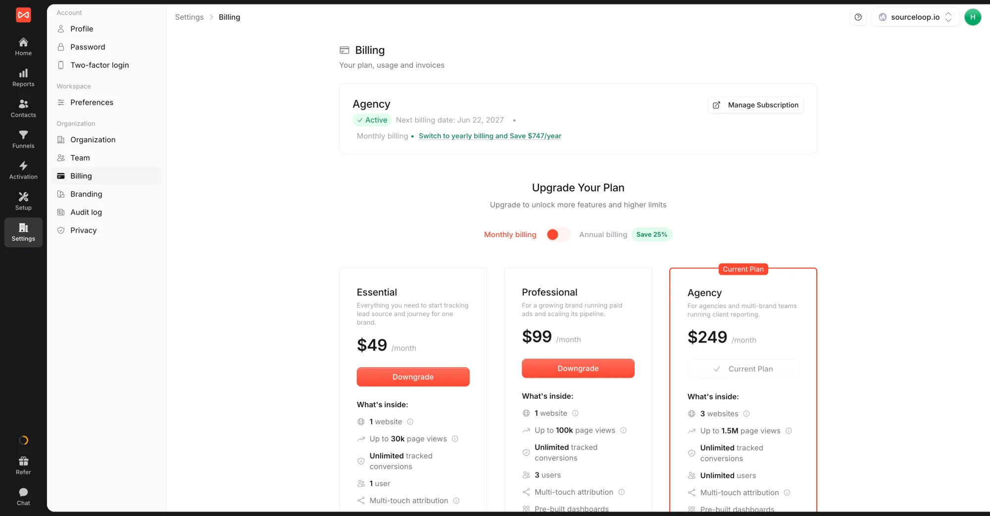 SourceLoop Settings Billing page showing the current plan, the Manage Subscription button, and the Essential, Professional, and Agency plan cards
