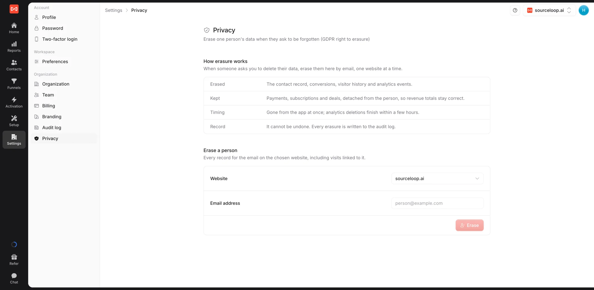 SourceLoop Settings Privacy page explaining what erasure removes and keeps, with fields for the website and email address and the Erase button