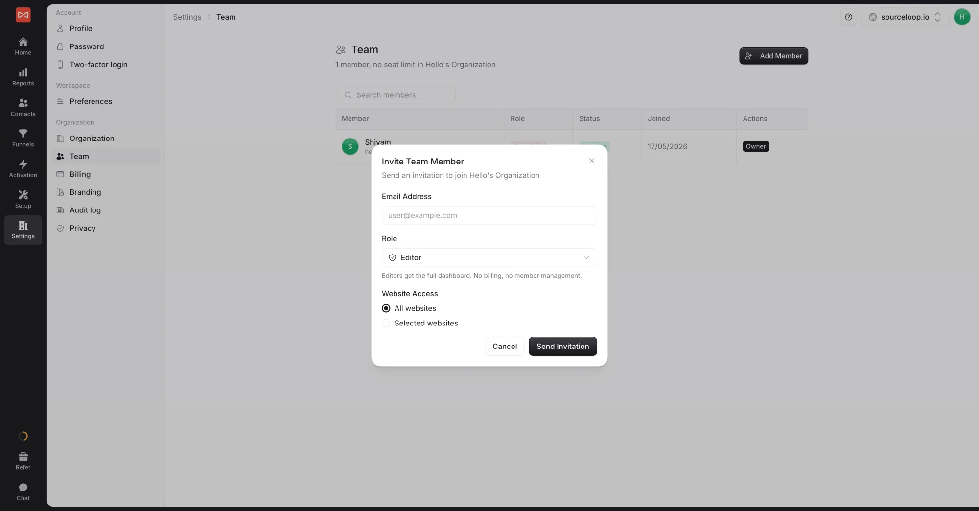 SourceLoop Settings Team page with the Invite Team Member dialog open, showing email address, role, and website access