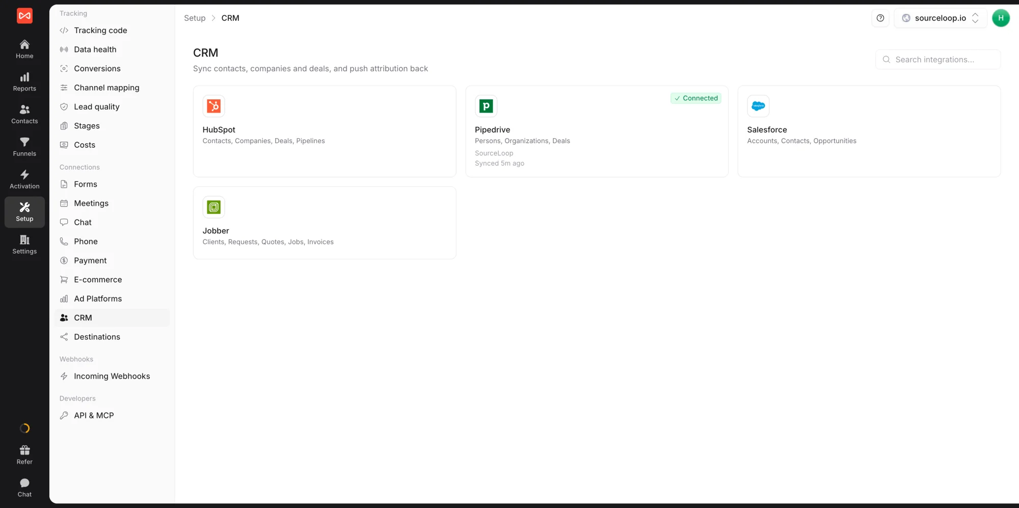 SourceLoop Setup CRM page showing the HubSpot, Pipedrive, Salesforce, and Jobber cards
