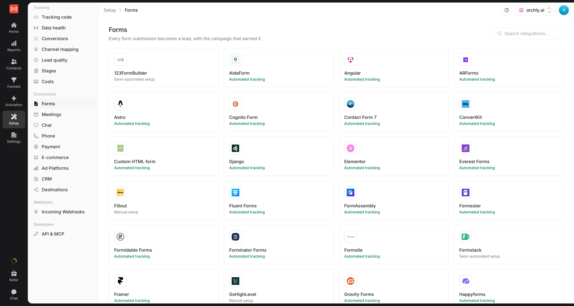 SourceLoop Setup Forms page with the Formstack card, which opens the drawer holding your Formstack webhook URL