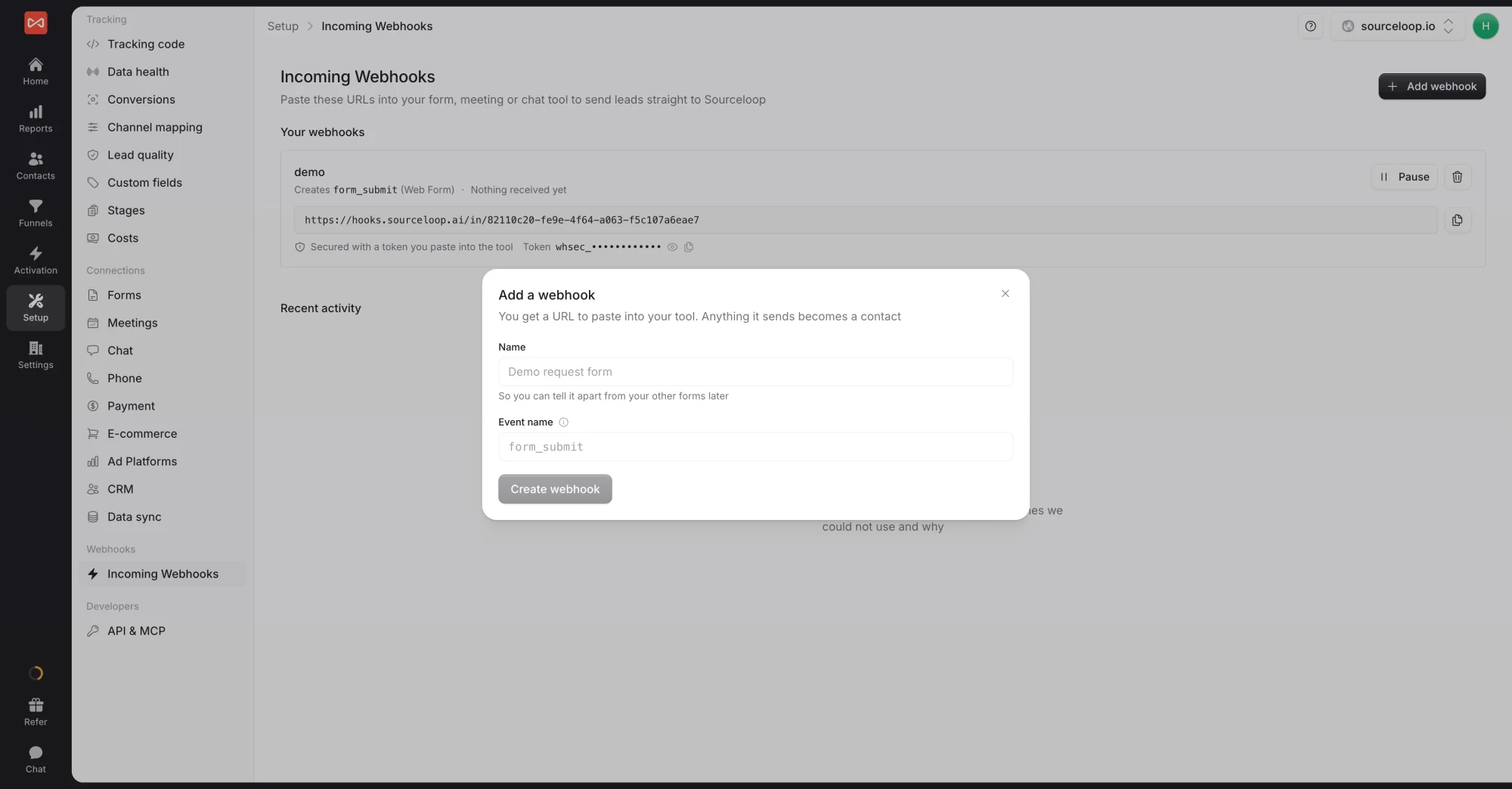 SourceLoop Setup Incoming Webhooks page with the Add a webhook dialog asking for a name and event name