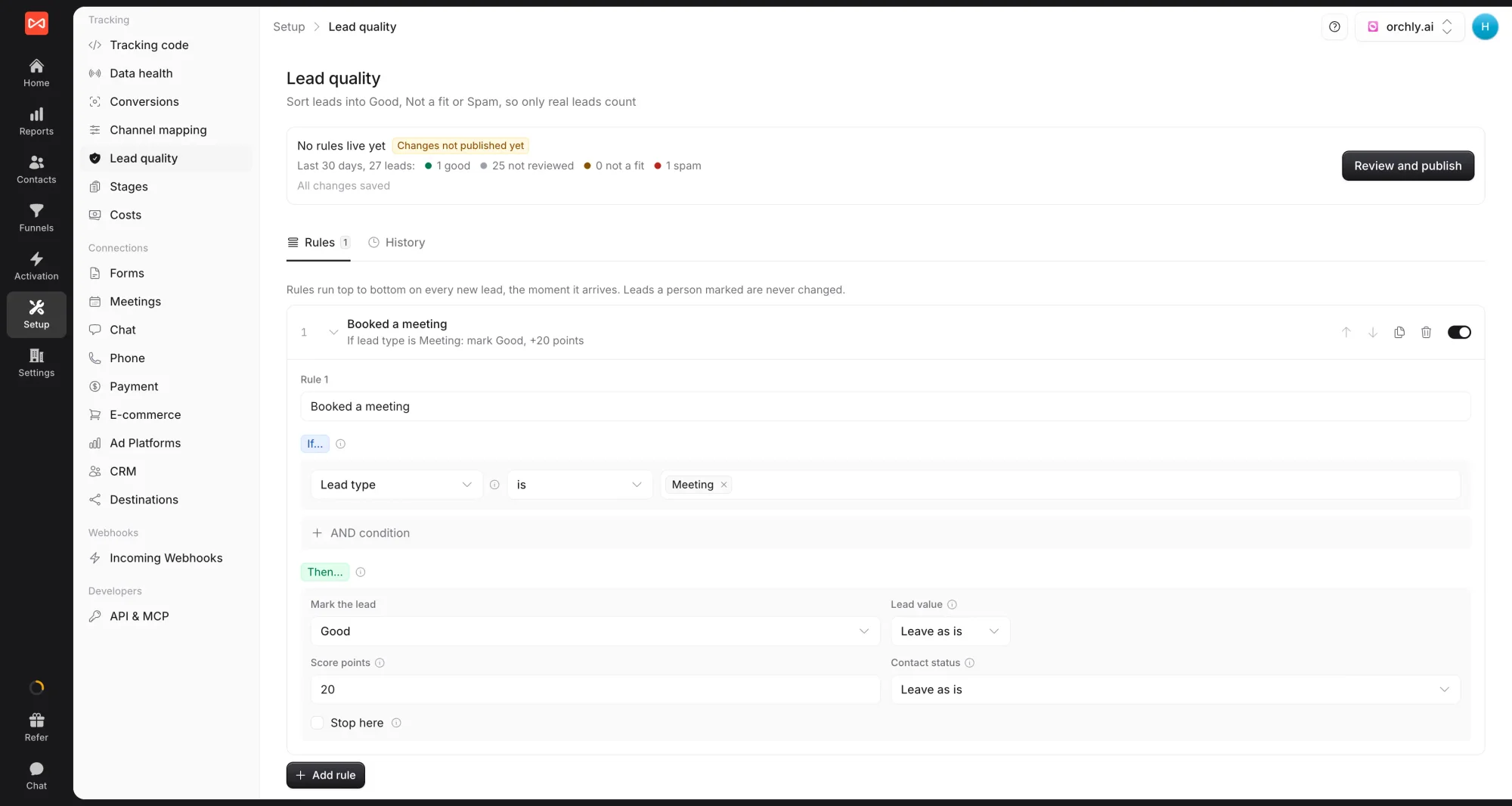 SourceLoop Setup Lead quality page with a Booked a meeting rule that marks meeting leads Good and adds 20 points, with the Review and publish button