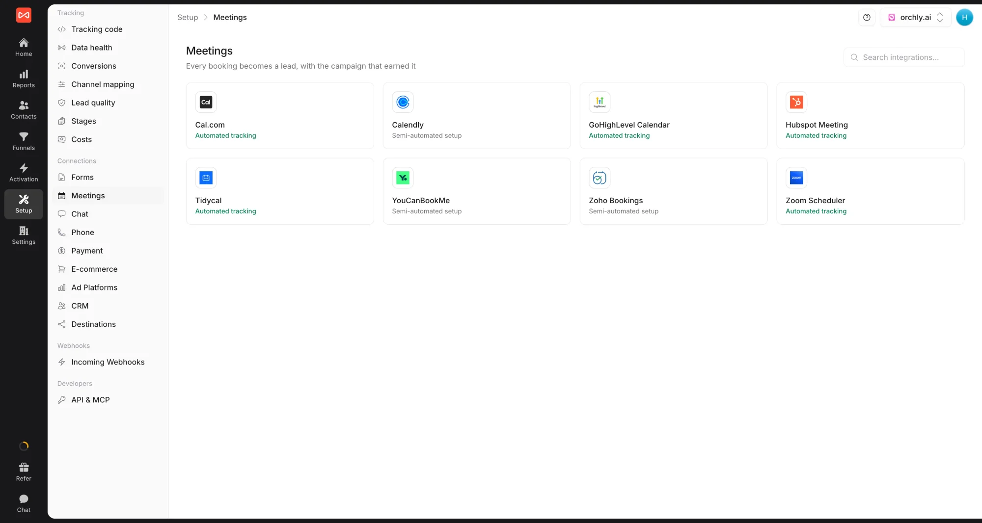 SourceLoop Setup Meetings page showing the meeting tool cards, including Calendly