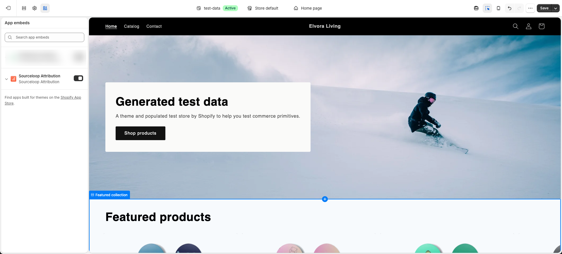 Shopify theme editor App embeds panel with the Sourceloop Attribution embed toggled on, alongside a live storefront preview