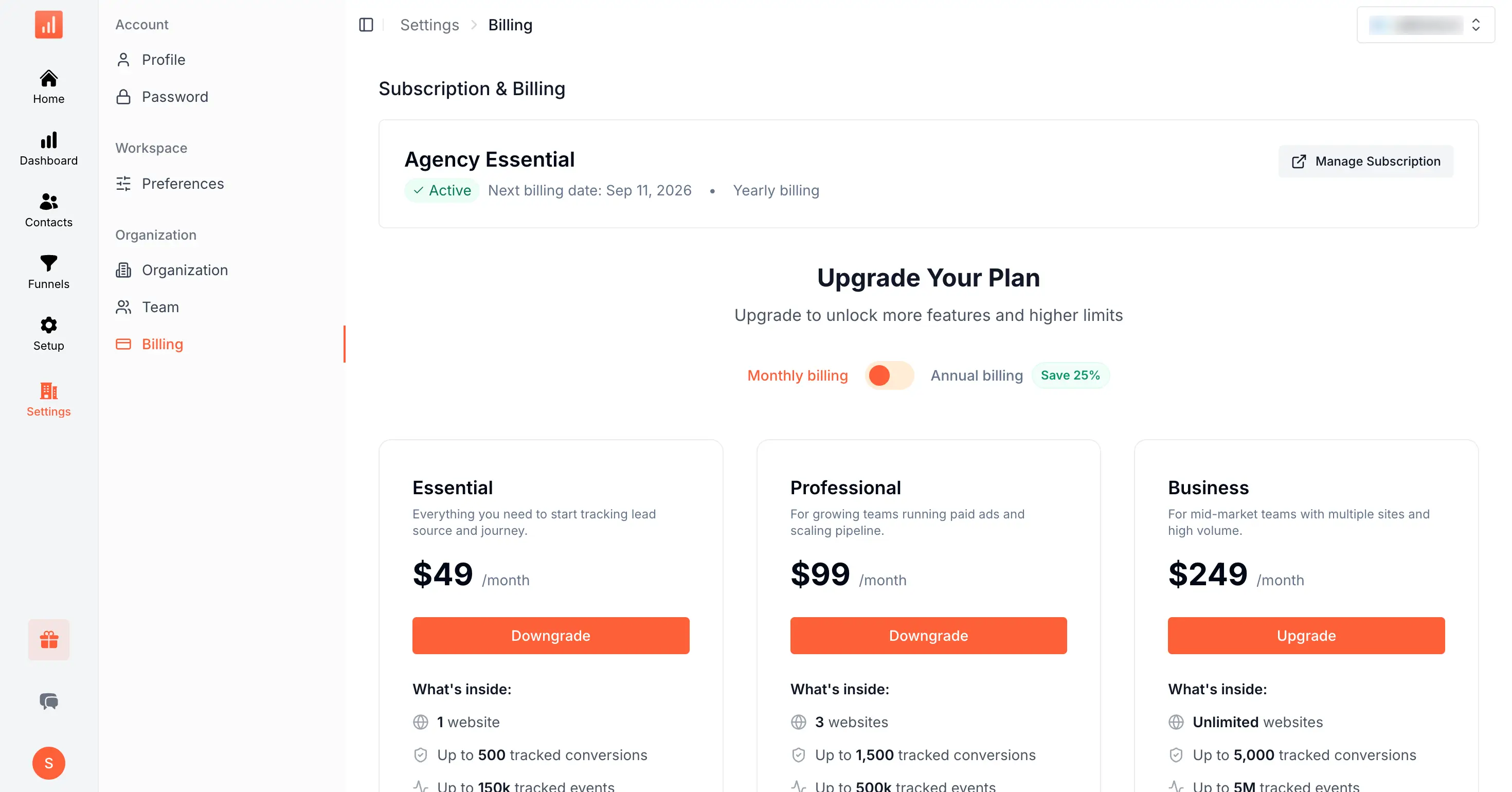 SourceLoop Settings Billing page with Subscription and Billing section, Manage Subscription button, and Essential, Professional, Business plan cards