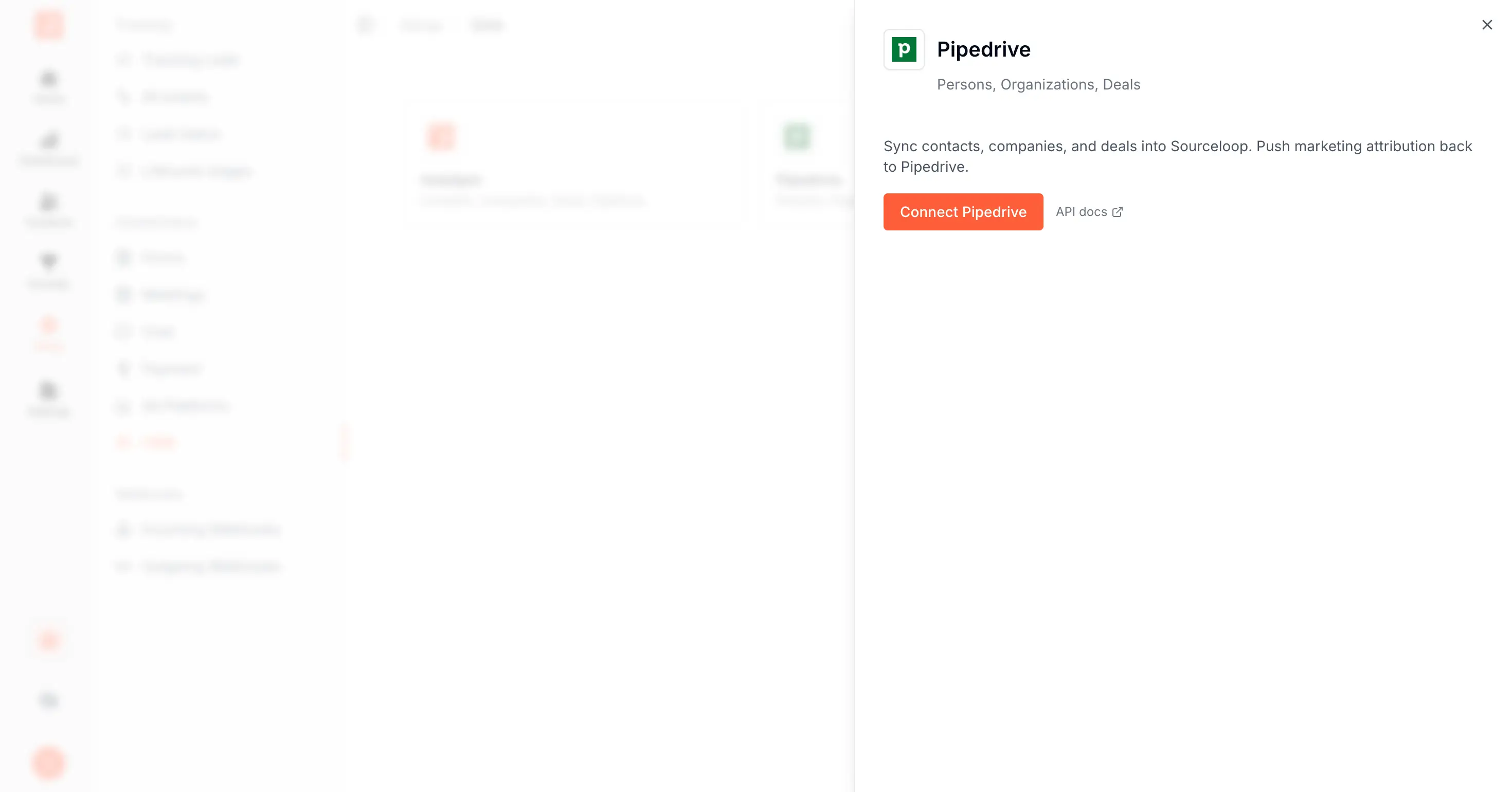 SourceLoop CRM drawer with the Pipedrive Connect button highlighted