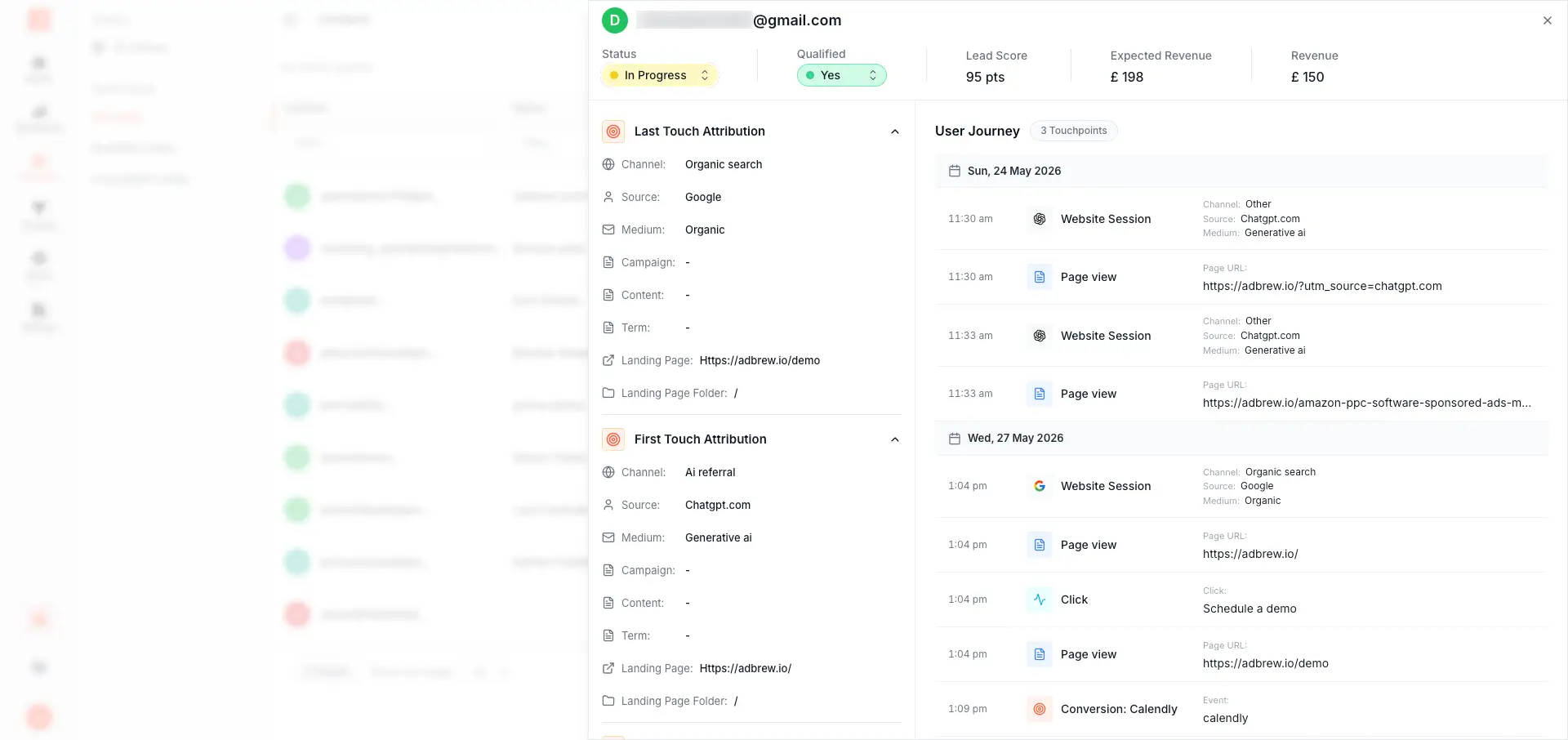 SourceLoop lead detail drawer with header showing name and email, an editable status and revenue panel, attribution sections for first and last touch, and a vertical journey timeline of every page view, ad click, and form submission leading to the conversion