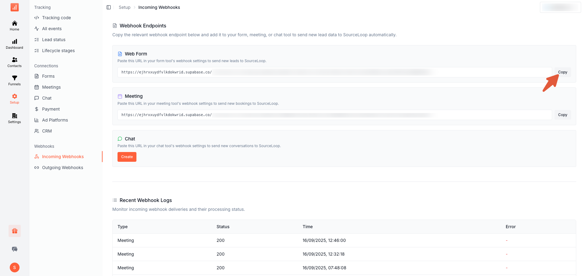 SourceLoop Setup Incoming Webhooks page with the chat webhook URL ready to copy