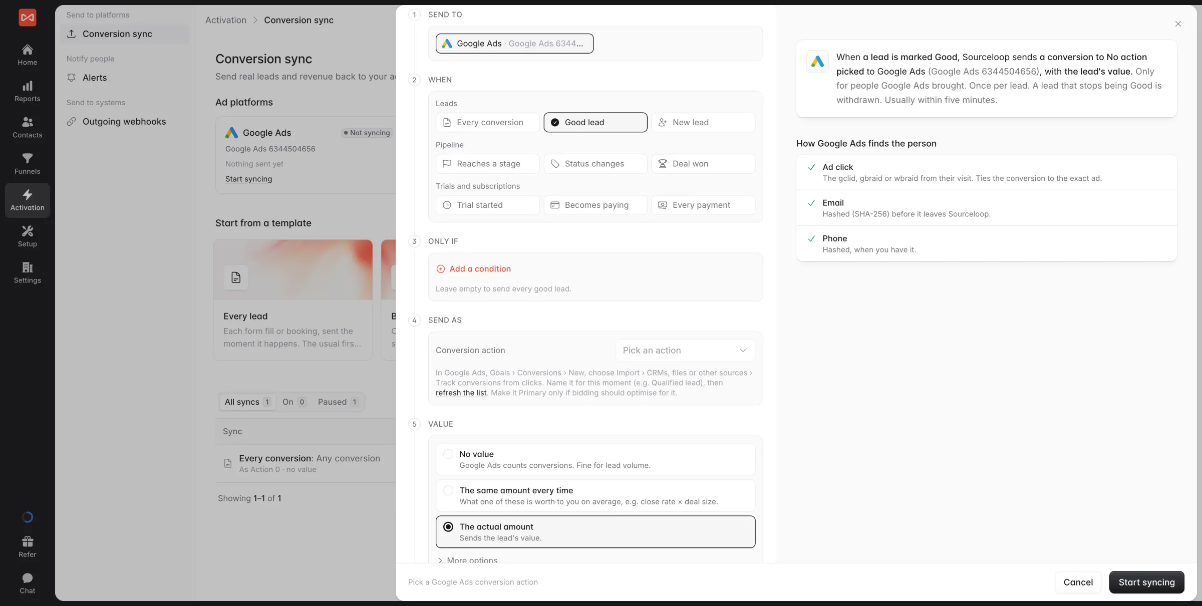 SourceLoop conversion sync setup sending good leads and their value back to Google Ads as offline conversions