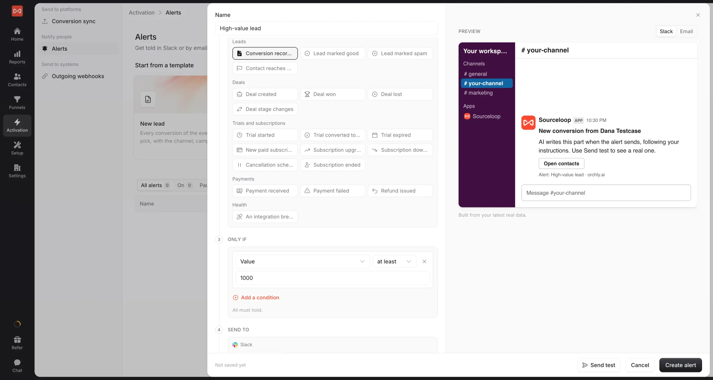 SourceLoop alert builder for high-value leads, with event tiles, a condition of value at least 1,000, and a preview of the Slack message