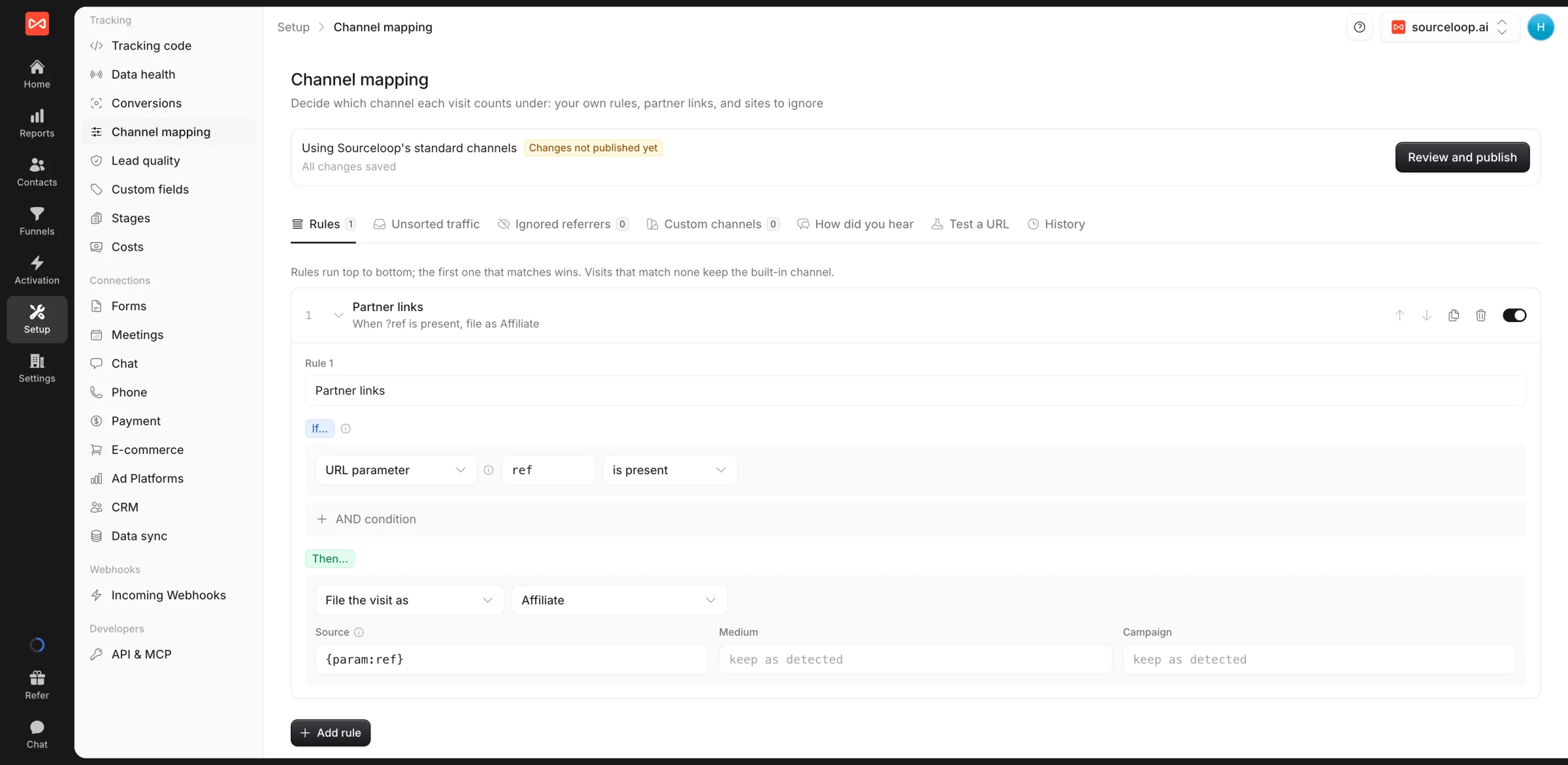 SourceLoop channel mapping rules that group sources and campaigns into custom channels