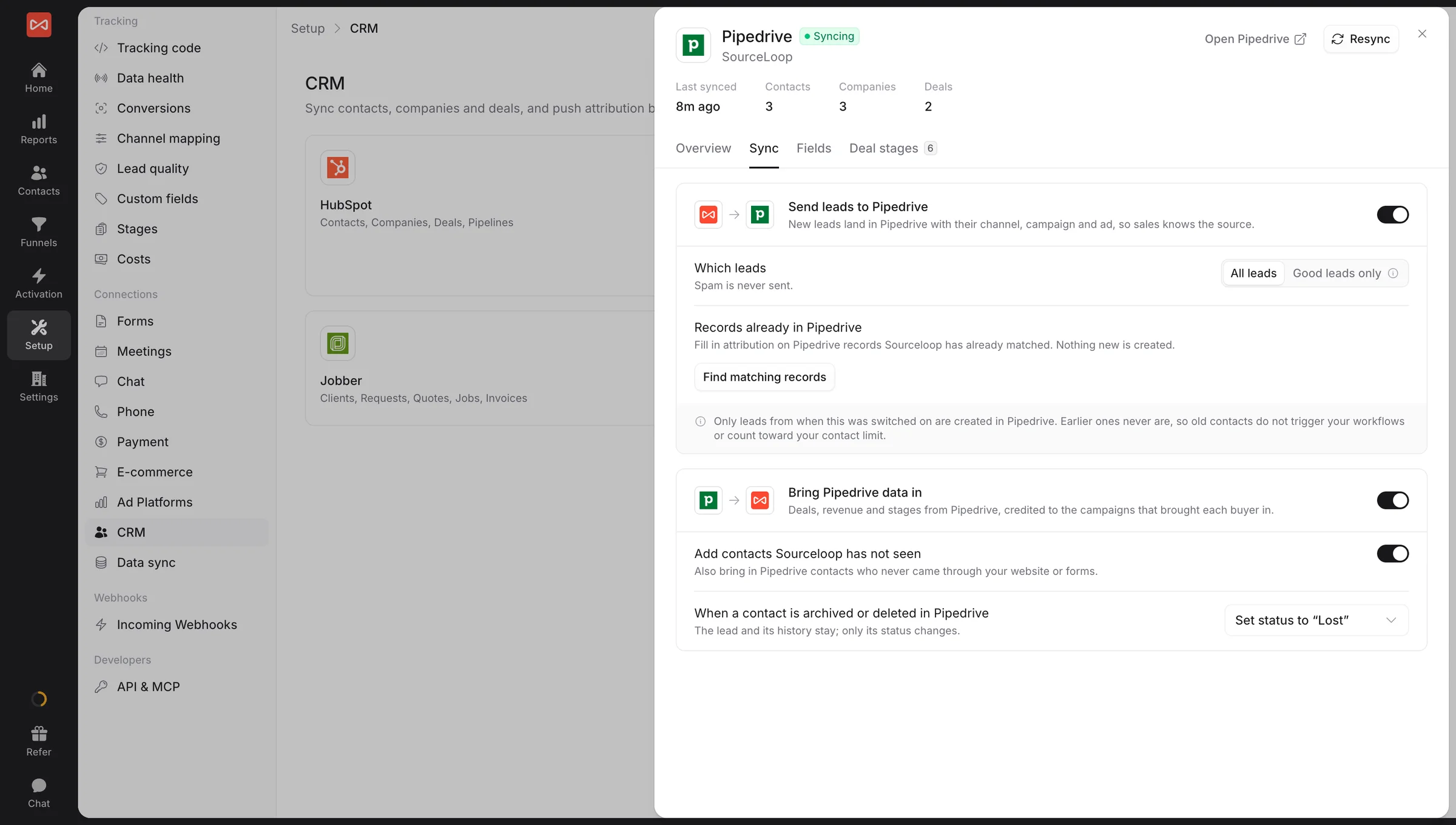 SourceLoop CRM sync settings for HubSpot, Salesforce, Pipedrive, and Jobber